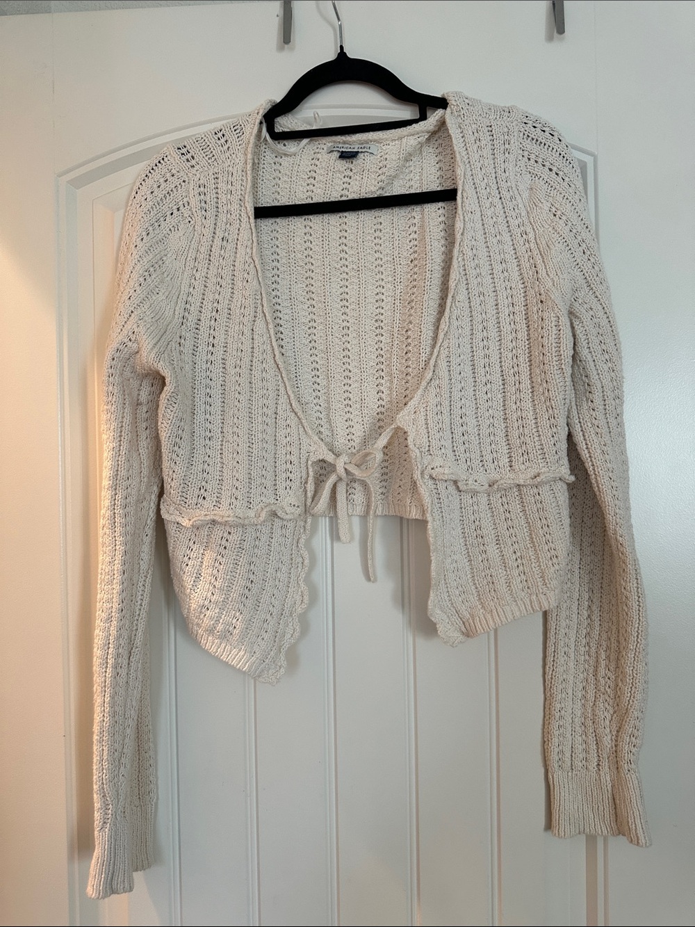 American Eagle Outfitters Cream Cropped Knit Tie-Front Cardigan